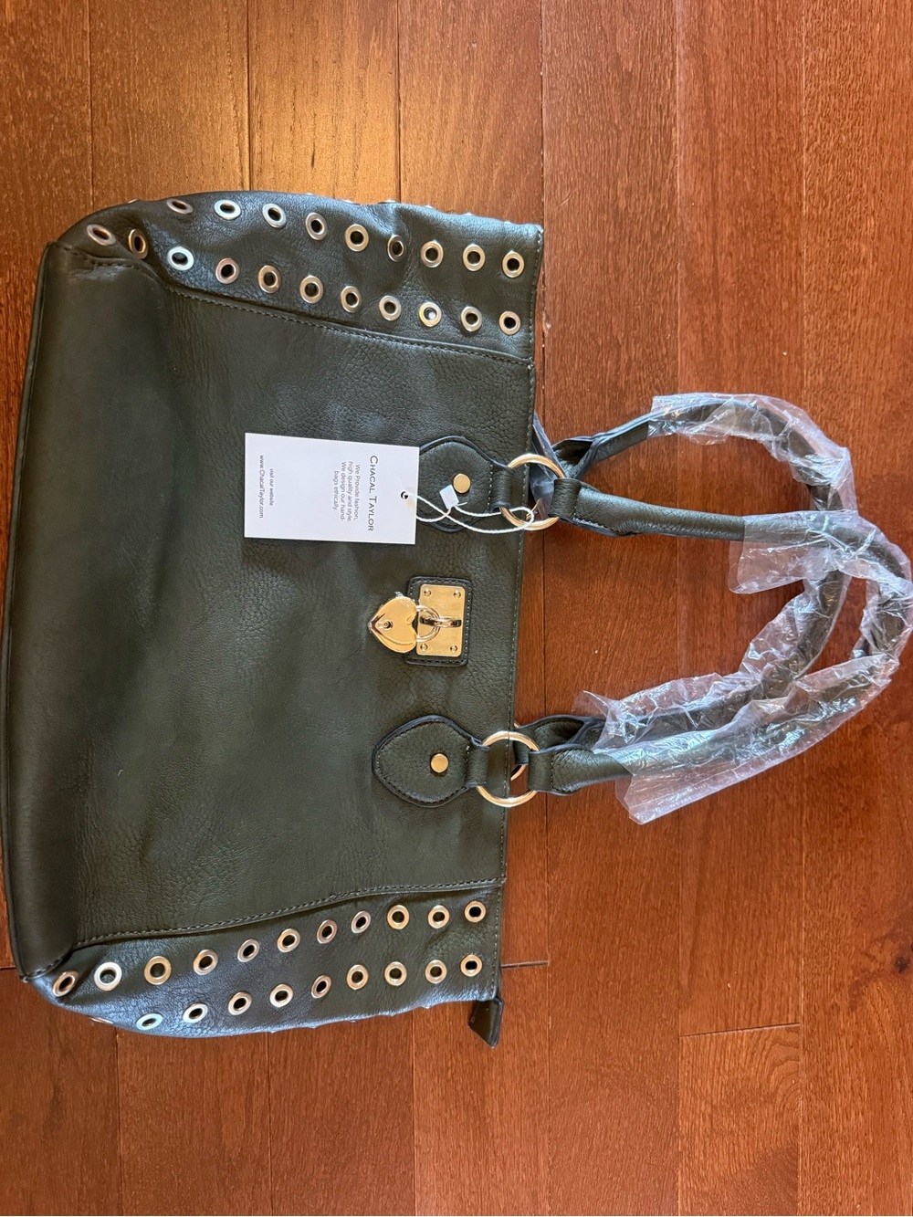 Olive Green Eyelet Shoulder Bag with Gold Lock Detail